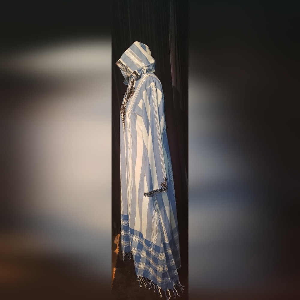 NWT. Tory Burch pinstripe blue white Striped Hood Kaftan sequins embroid   dress - Picture 14 of 16